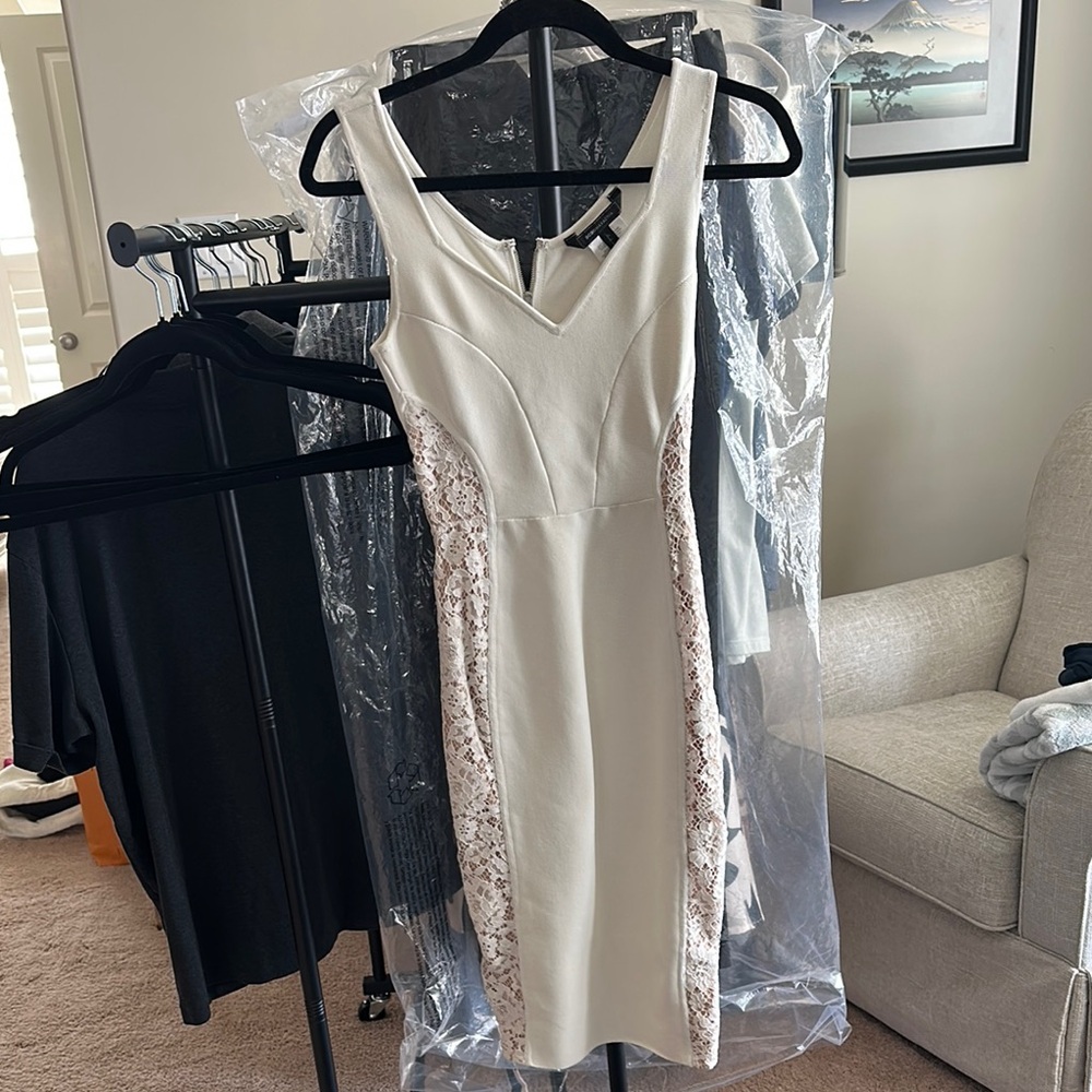 BCBGMaxAzria Ivory and Beige Lace Midi Dress